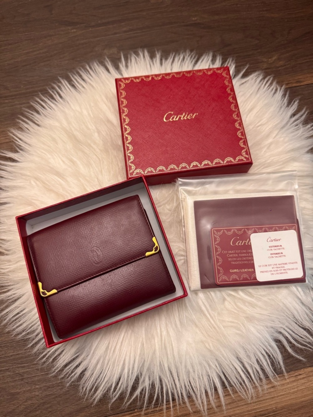 Cartier Burgundy Bifold Leather Wallet with Gold Hardware